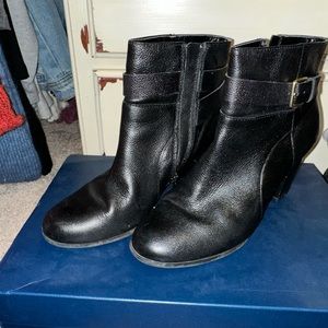 Cole Haan black leather booties, gold buckle, size 9